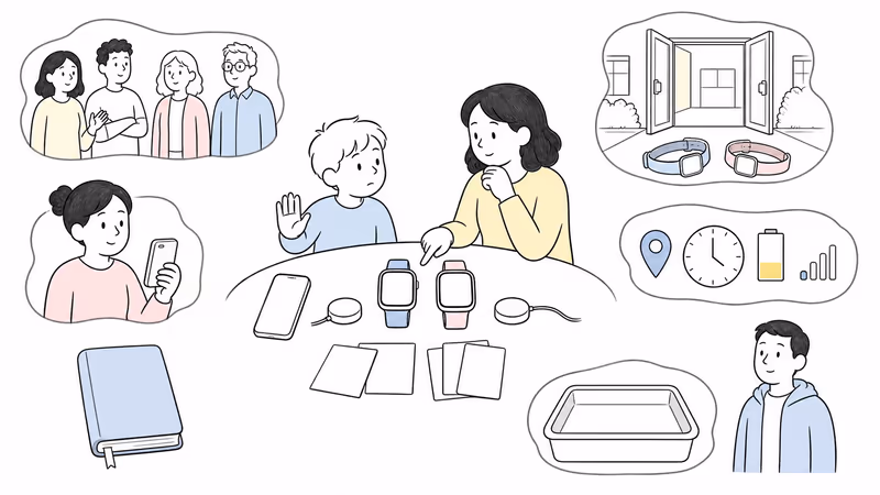 Wordless family planning illustration defining approved contacts, school permission, conditional location, intended SOS recipient, charging, privacy, fallback, and stop conditions before comparing two watches
