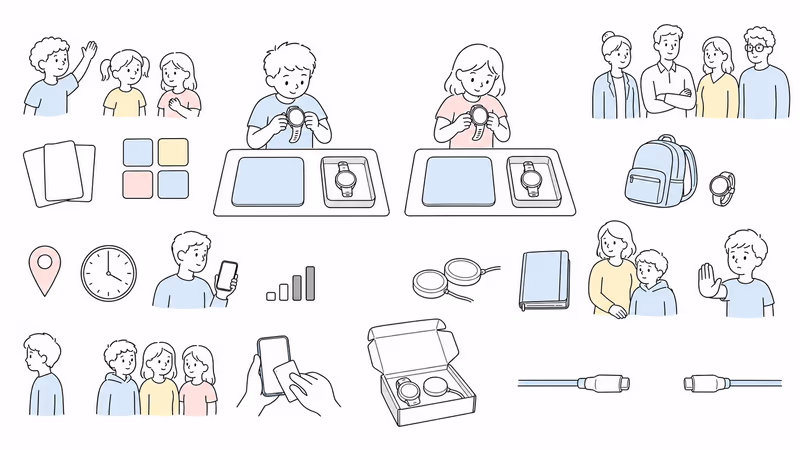 Wordless reversible family trial for two removable watches with child participation, contacts, school controls, location limits, SOS recipient, coverage, charging, privacy, fallback, erase, return, and cancellation