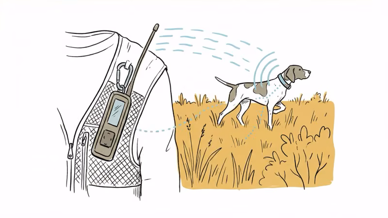 Compact GPS handheld clipped to hunting vest tracking bird dog in field