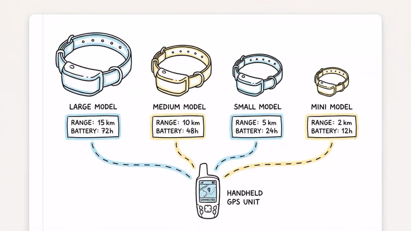 Four Garmin dog tracking collar models lined up by size with specs