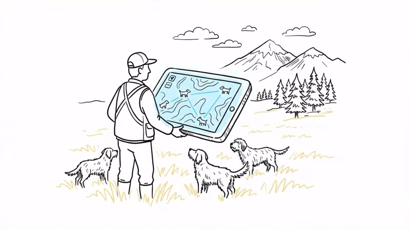 Hunter with multiple dogs in backcountry using touchscreen GPS handheld