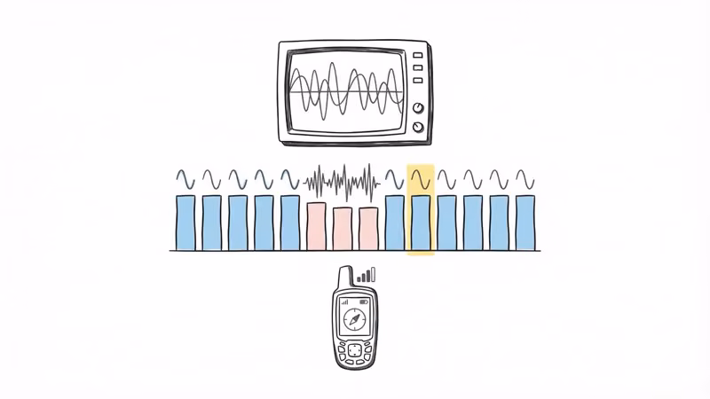 Garmin Alpha 300 channel scanning tool displaying frequency interference graph for avoiding e-collar crosstalk