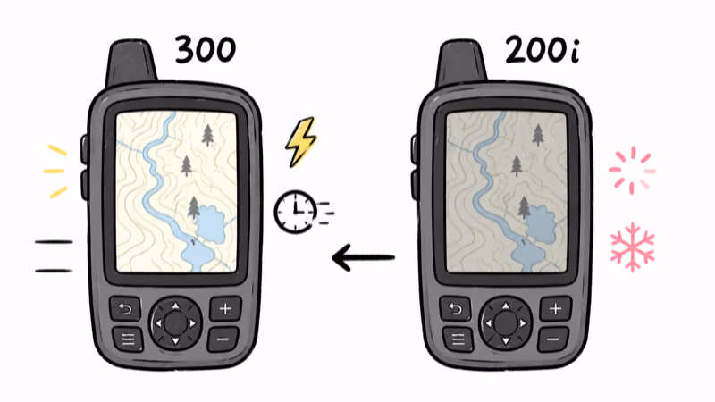 Alpha 300 redraws its bright map faster while the 200i lags with a spinning wait and cold-weather snowflake