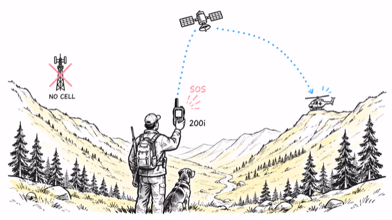 Hunter in an off-grid valley with no cell signal sends a satellite SOS from an Alpha 200i to rescue