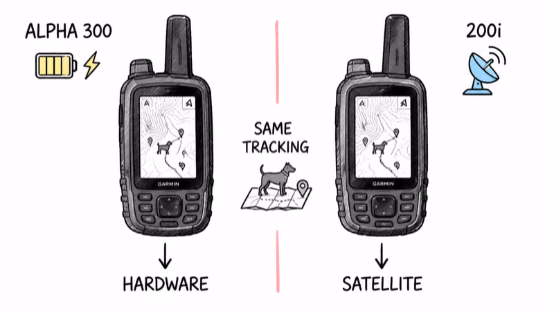 Two Garmin Alpha handhelds side by side, the real split is hardware versus satellite not tracking