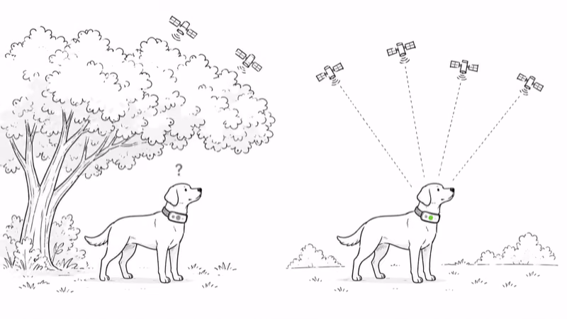 Dog collar under dense tree canopy showing a question mark versus an open clearing with a green satellite lock