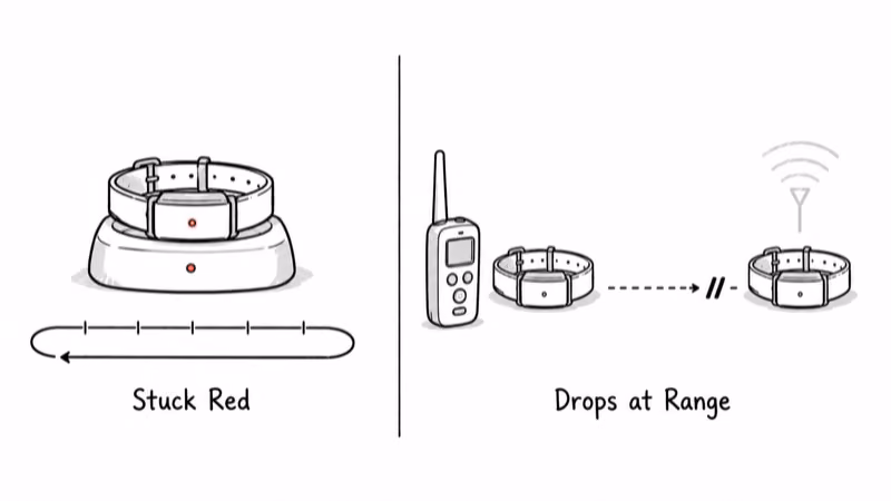Two hardware failure signs: a collar stuck on a red LED through charging, and a collar that drops signal at short range