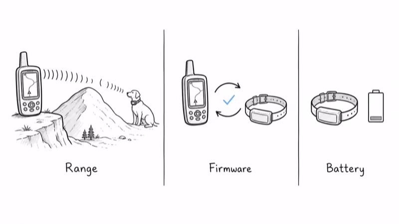 Three causes of Garmin Alpha collar dropouts shown side by side: range over terrain, firmware mismatch, and low battery