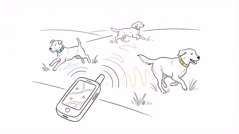 Garmin Astro 320 screen showing multiple dogs being tracked simultaneously on a single map