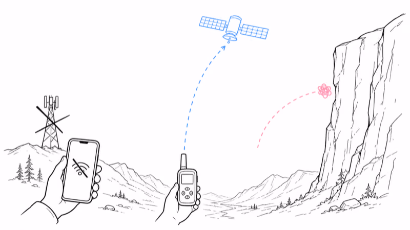 Satellite communicator reaching a satellite through open sky while a canyon wall blocks another attempt