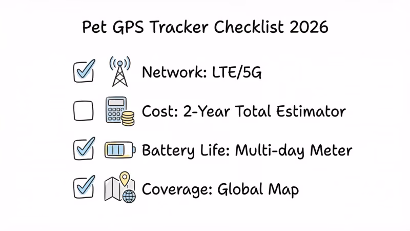 Pet GPS tracker buying checklist with network cost and battery factors