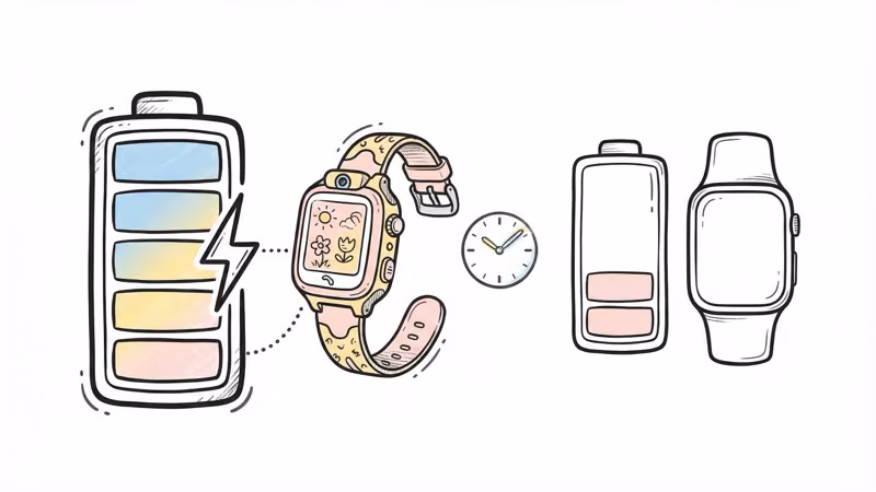 Battery life comparison showing GizmoWatch lasting 2-4 days versus Apple Watch at 18 hours