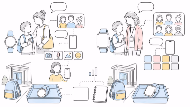 Wordless Notion-style comparison of two managed communication systems with approved contacts, blank message and media choices, separate school trays, weak signal, recovery, privacy, and a pause choice