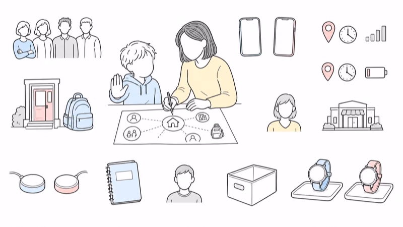 Wordless Notion-style family planning illustration defining approved contacts, school permission, conditional observations, different emergency destinations, charging, privacy, fallback, and a pause choice before selecting a watch platform