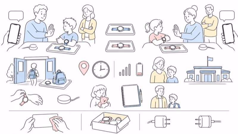 Wordless Notion-style reversible two-platform family trial with child participation, school and signal limits, different help destinations, charging, privacy, adult fallback, data clearing, return, and disconnected service plugs