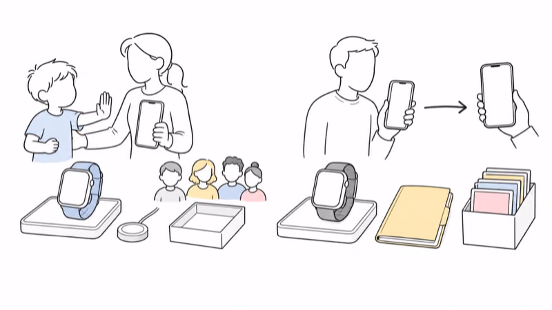 Wordless Notion-style illustration separating a new current-watch setup from an older intact watch and preserved family data moving carefully between two blank management phones
