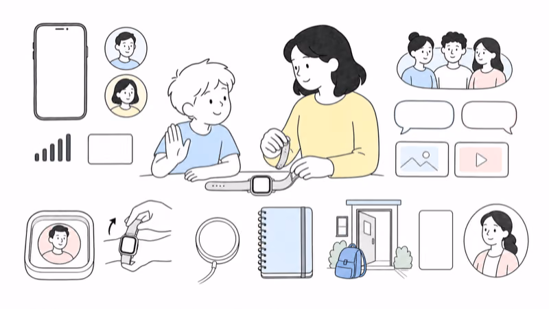 Wordless Notion-style family setup with child participation, a blank caregiver phone, minimum-access roles, trusted contacts, communication choices, school permission, charging, privacy, and fallback
