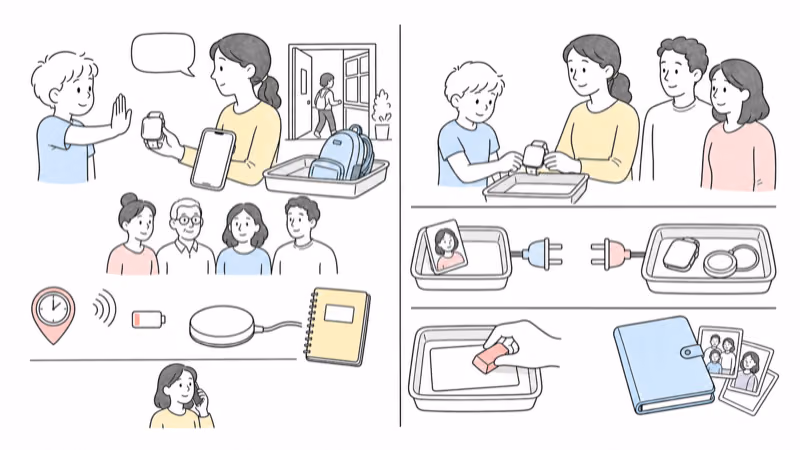 Wordless Notion-style split scene of a transparent family trial and calm offboarding with viewer removal, disconnected service plugs, watch storage, data clearing, and preserved family photos