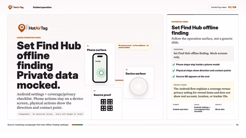Watch: a guided walkthrough of Find Hub offline finding settings on Android, using privacy-safe mocked screens