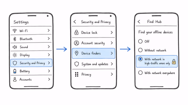 Settings path from Security and Privacy to Device finders to Find Hub's four offline-finding modes with a screen-lock gate