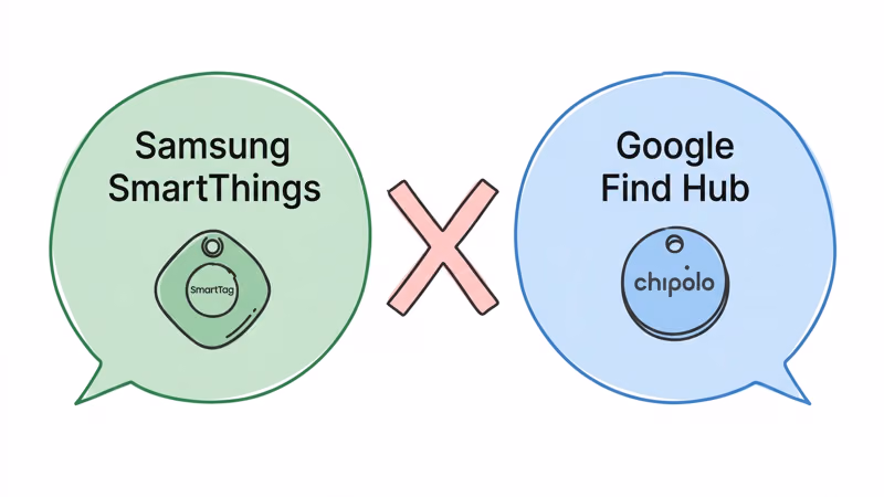 Diagram showing Samsung SmartThings and Google Find Hub as separate incompatible networks