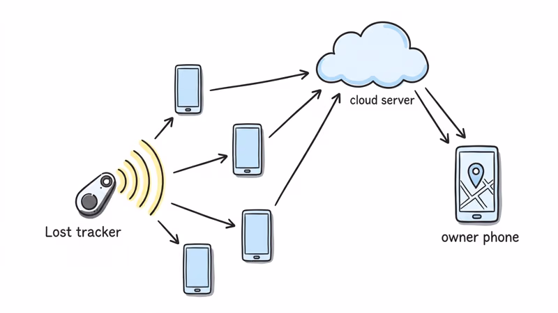 Diagram showing how Google Find Hub crowdsourced tracker detection network works