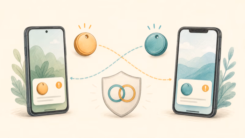 Android phone and iPhone each warning about the other ecosystem's Bluetooth tag under a shared safety standard