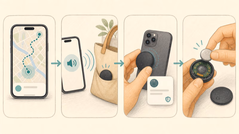 Four-step flow to map detections, play a sound, read the identifier, and remove the tracker battery