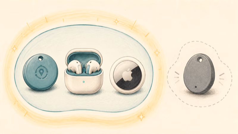 Supported Find Hub tags, earbuds, and AirTag inside a detection ring versus an unsupported no-name beacon outside it