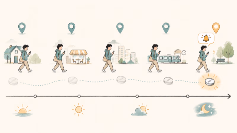 Timeline showing a hidden Bluetooth tag traveling with a phone until detection triggers an unknown tracker alert