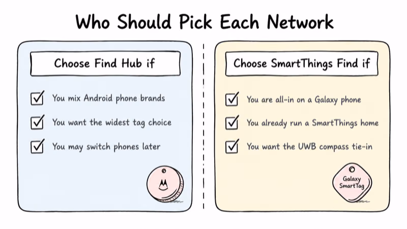 Decision cards showing when to choose Find Hub versus Samsung SmartThings Find based on phone brand and ecosystem