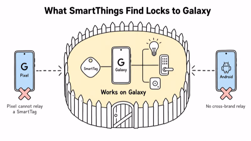 Diagram showing SmartThings Find locked to a Galaxy garden while Pixel and Android phones cannot relay a SmartTag