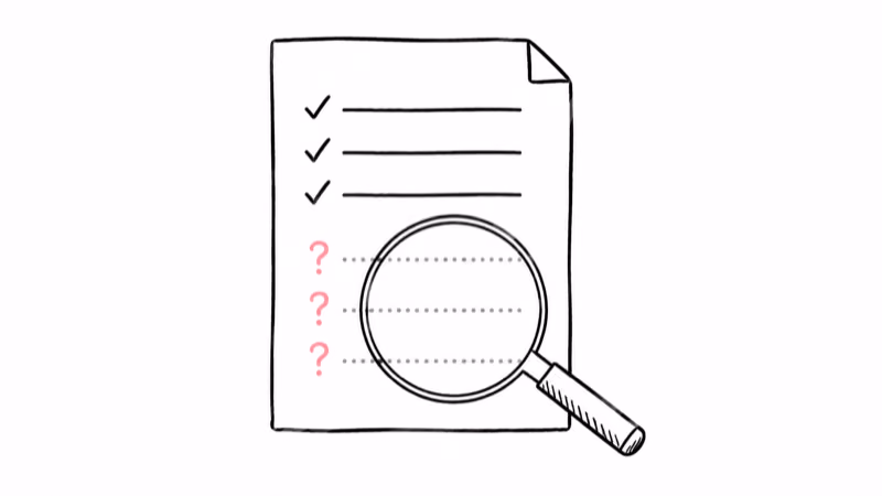 Notion hand-drawn spec sheet with several rows filled in and several left blank, a magnifying glass over the missing Pixel Tag figures