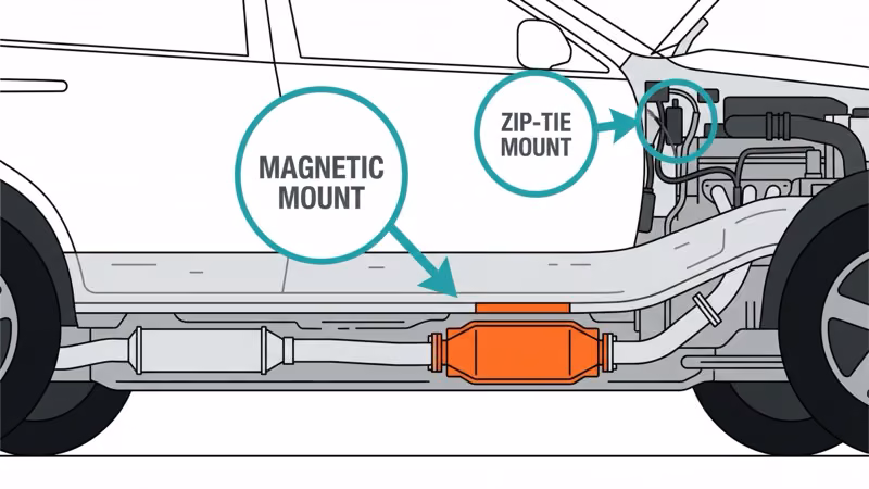 GPS tracker mounting diagram showing frame rail position 12-18 inches from catalytic converter versus heat shield placement