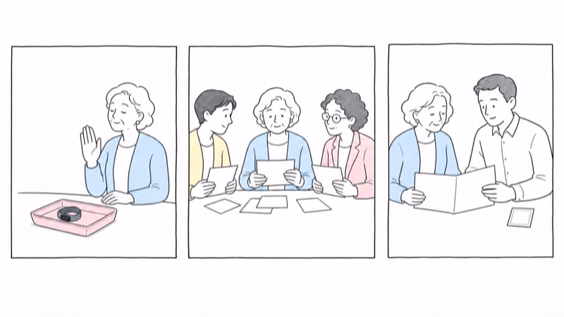 Wordless three-panel illustration separating an adult's refusal, supported qualified review, and a setting-specific permission discussion without hidden tracking