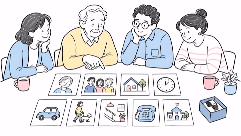 Wordless illustration of an aging adult and support circle building routines, contacts, transport, home safeguards, and an official response plan before considering technology