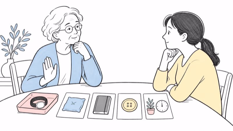 Wordless illustration of an aging adult declining a wearable while a family member listens and separate cards surface comfort, privacy, usability, and recent-change concerns