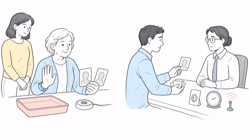Wordless split illustration of a voluntary reversible tracker trial and a separate official missing-person handoff where device data remains an uncertain secondary clue