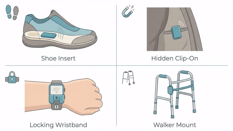 Five discreet GPS tracker form factors for elderly with dementia who refuse to wear standard devices