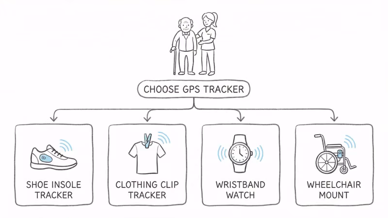Caregiver choosing GPS tracker form factor for elderly parent based on dementia refusal pattern