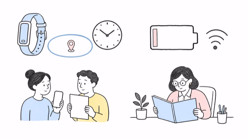 Wordless illustration separating a conditional wearable location and timestamp from caregiver confirmation, school context, signal, battery, and official response