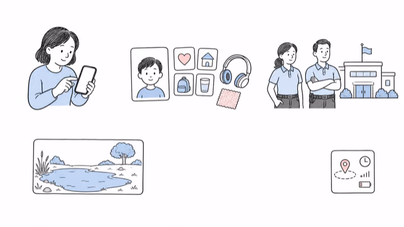 Wordless illustration separating a caregiver's conditional device observation from immediate official contact, water-risk information, nearby responsible adults, and trained responders