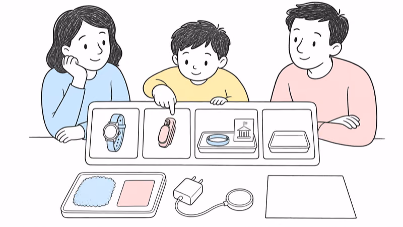 Wordless illustration of an autistic child and caregivers using preferred communication to choose among a watch, small wearable, local safety program, and no-device option