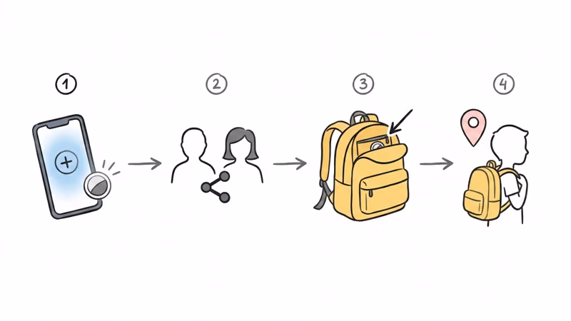 Four-step flowchart showing AirTag registration, Family Sharing, backpack placement, and child wearing backpack