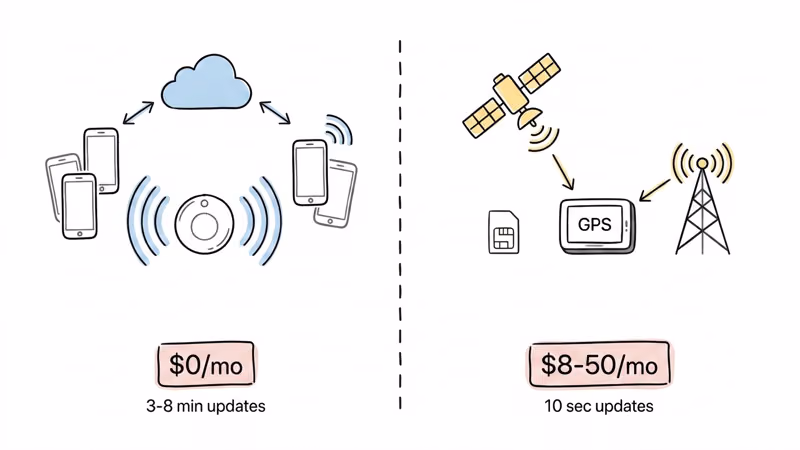 Bluetooth tracker broadcasting to nearby phones versus cellular GPS tracker using satellite and cell tower signals