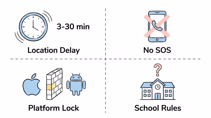 Four limitations of no-fee trackers: location delay, no SOS button, platform lock-in, and varying school policies