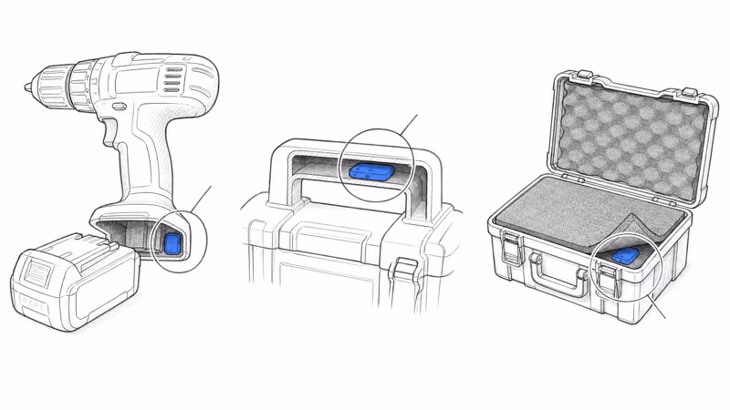Three concealment spots for a GPS tracker: drill battery cavity, hollow case handle, and under tool-box foam