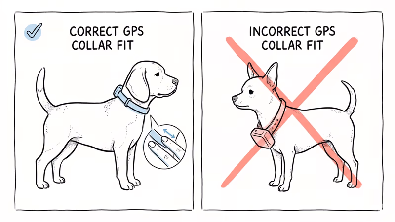 Proper GPS collar fit diagram for small dogs showing correct two-finger gap versus oversized tracker