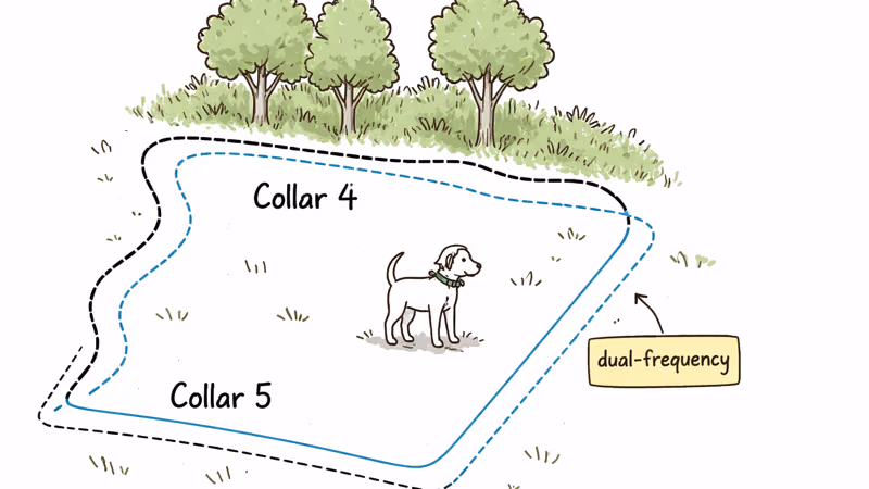 Hand-drawn yard showing the Halo Collar 5 holding a tighter boundary near a tree line while the Collar 4 line drifts wider
