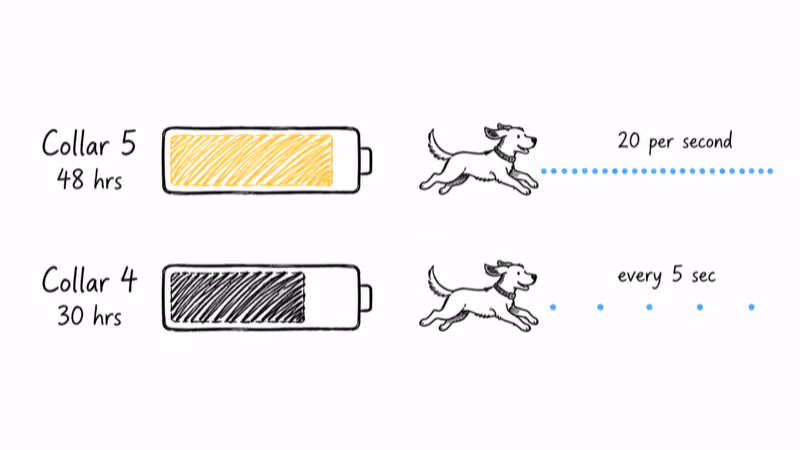 Hand-drawn comparison of Collar 5 with a 48-hour battery and dense tracking trail versus Collar 4 with a 30-hour battery and sparse trail